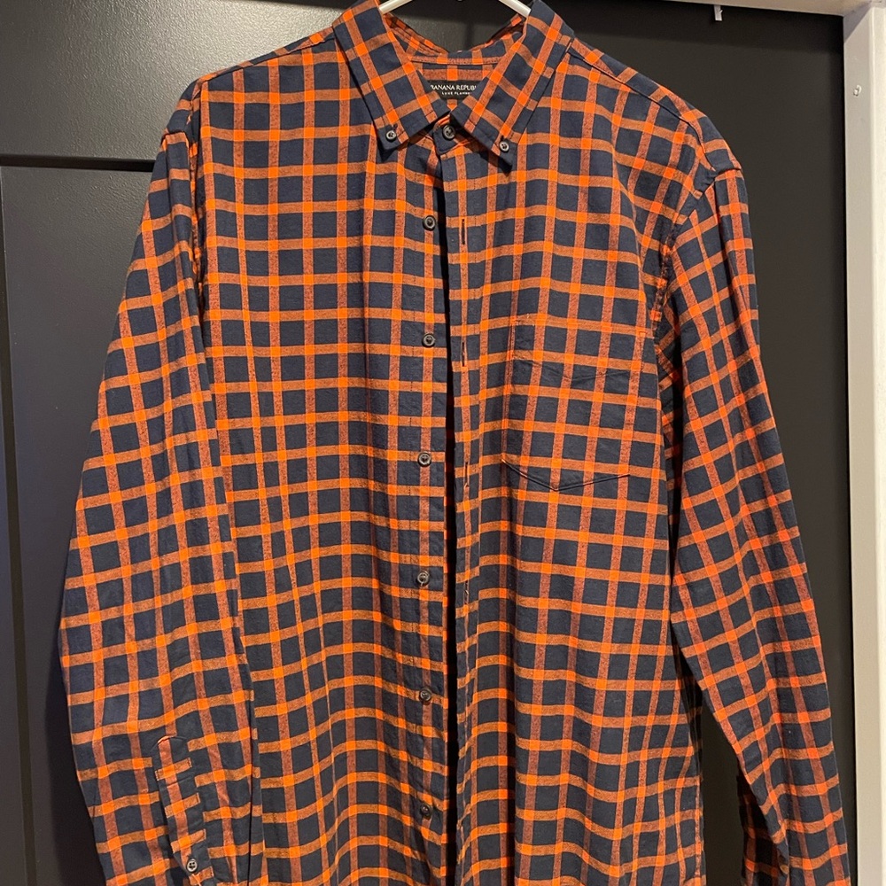 Banana Republic Men's Orange and Navy Checkered Shirt